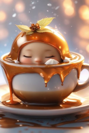 Cute little pudding, very comfortable to lie down and sleep in, cup shape, with melted caramel, semi-liquid flow down