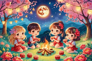 A group of cute children circled around the campfire, with mooncakes and grapefruit beside them. The full moon at night was very bright and beautiful, and the cherry blossoms next to them were raining down flowers.

