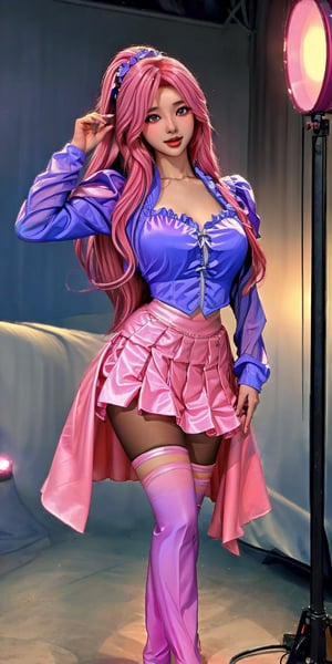 1girl, Korean girl, Korean female singer, is performing and singing on the stage, gorgeous stage clothes, short skirt, holding a microphone, extra long plastic pink boots
(extremely long straight hair with pink gradient color, bangs), (obviously blue eyes), long eyebrows, soft makeup, gradient lips, (big breasts), plump body, slender eyes and legs, black stockings , Detailed Fingers, Detailed Background, Ambient Light, Extreme Details, Cinematic Shots, Realistic Illustrations, (Soothing Tone: 1.3), (Super Detail: 1.2), Masterpiece, Normal Feet, Normal Body, Normal Limbs, (Stage Theme)

Perfect Skin, (RAW Photo, Best Quality), (Real, Photo Real: 1.3), Best Quality, Masterpiece, Beauty & Aesthetics, 16K, (HDR: 1.4), High Contrast, (Vivid Colors: 1.4), ( Silent Colors, Dull Colors, Soothing Tone: 0), Cinematic Lighting, Ambient Lighting, Side Lighting, Fine Details and Textures, Cinematic Lenses, Warm Colors, Full Body (Bright and Intense: 1.2), (Masterpiece, Top Quality , Best Quality, Official Arts, Beauty & Aesthetics: 1.2), HDR, High Contrast, Wide Angle Lens (Highly Detailed Skins: 1.2)