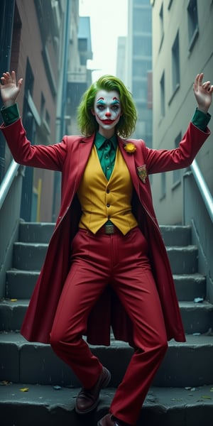 Score_9, rating_explicit, (Masterpiece, Highest Quality: 1.4), (Beautiful, Beautiful, Perfect, Exquisite, Complex: 1.2) Joker (2019 version) Dancing downstairs in the stairwell
solo, green hair, shirt, long sleeves, 1girl, standing, jacket, full body, female focus, outdoors, open clothes, tie, shoes, collared shirt, pants, vest, raised arms, english text, cosplay, mask , imitation, brown shoes, formal, suit, red jacket, clasped hands, stairs, green shirt, green vest, red pants, green tie, photo background, clown, urban clown portrait with rainy Gotham city in the background, The picture should have an atmosphere that changes from sadness to joy