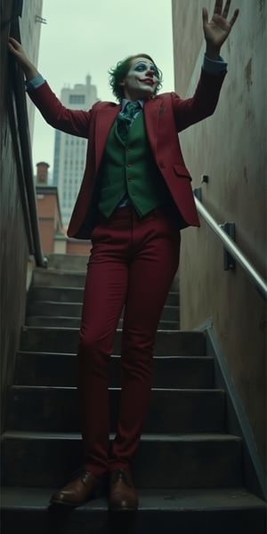 Score_9, rating_explicit, clown (2019 version) dancing downstairs in the stairwell
solo, green hair, shirt, long sleeves, 1girl, standing, jacket, full body, female focus, outdoors, open clothes, tie, shoes, collared shirt, pants, vest, raised arms, english text, cosplay, mask , imitation, brown shoes, formal, suit, red jacket, clasped hands, stairs, green shirt, green vest, red pants, green tie, photo background, clown, urban clown portrait with rainy Gotham city in the background, The picture should have an atmosphere that changes from sadness to joy, and a subtitle should appear next to the picture: "I once thought my life was a tragedy, but now I find that it is actually a comedy."