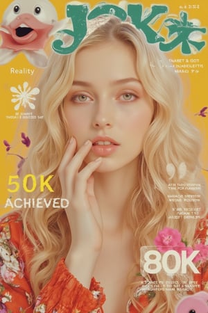 1girl, solo, upper body, white hair, lips, traditional media, reality, pop idol magazine, title "50K Achieved" in eye-catching font, attractive cover with beauty character, jpop cover 80s, blonde mature woman's smile, Brown curly hair beauty