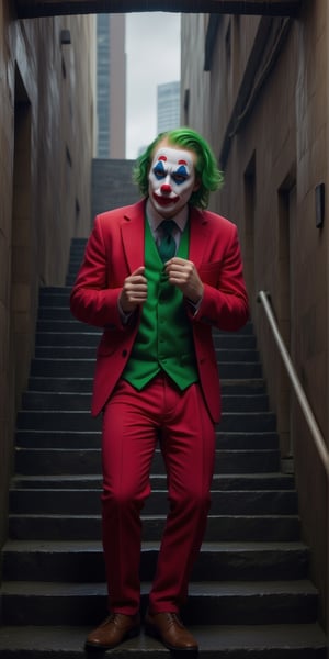 Score_9, rating_explicit, clown (2019 version) dancing downstairs in the stairwell
solo, green hair, shirt, long sleeves, 1boy, standing, jacket, full body, male focus, outdoors, open clothes, tie, shoes, collared shirt, pants, vest, raised arms, english text, cosplay, mask , imitation, brown shoes, formal, suit, red jacket, clasped hands, stairs, green shirt, green vest, red pants, green tie, photo background, clown, urban clown portrait with rainy Gotham city in the background, The picture should have an atmosphere that changes from sadness to joy, and a subtitle should appear next to the picture: "I once thought my life was a tragedy, but now I find that it is actually a comedy."