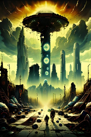 A desolate urban landscape after being invaded by aliens, without earthlings,