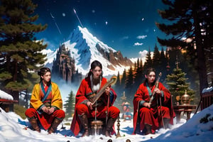 male focus, multiple boys, sky, cloud, facial hair, instrument, beard, snow, mountain, sun, korean clothes, flute