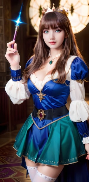 A girl, alone, with long straight brown hair with bangs, looking at the viewer, with striking green eyes. She wears a blue skirt, a white light armor on top with a white shirt revealing cleavage, huge breasts, and a voluptuous figure. She also wears white thigh-high socks and a blue dress, holding a massive magic wand, showing cleavage, sitting down, full body, white-blue high heels, a magic book, a golden crown with blue gemstones, floating, an open book, magic, a magic circle, long legs, and a hot body. (RAW photo, best quality), (realistic, photo-realistic: 1.3), best quality, masterpiece, beautiful and aesthetic, 16K, (HDR: 1.4), high contrast, (vibrant color: 1.4), (muted colors, dim colors, soothing tones: 0), cinematic lighting, ambient lighting, sidelighting, exquisite details and textures, cinematic shot, warm tone, full body (bright and intense: 1.2), (masterpiece, top quality, best quality, official art, beautiful and aesthetic: 1.2), HDR, high contrast, wide shot.,1 girl ,lis4,solo