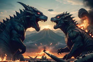 Two  monsters, face to face, open mouth, tail, wings, teeth, military, no humans, glow, fangs, fire, sharp teeth, claws, monster, plane, military vehicle, aircraft, battle, ship, giant, explosion , ship, warship, destruction, kaijuu, Godzilla, fusion monster,strange creatures