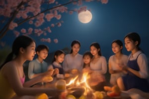 A group of cute children circled around the campfire, with mooncakes and grapefruit beside them. The full moon at night was very bright and beautiful, and the cherry blossoms next to them were raining down flowers.