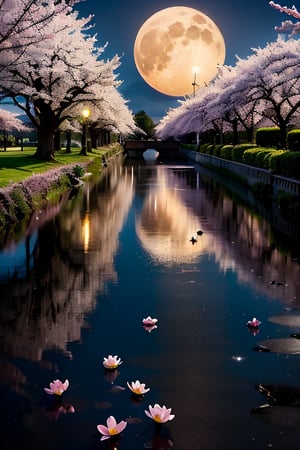 On a night of cherry blossoms in the rain, a bright moon appears, reflected in the clear lake water, looking up