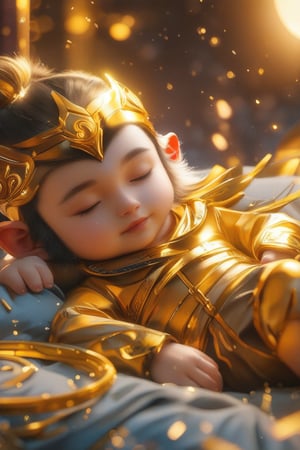 Cute little Sun Wukong, lying down and sleeping comfortably, next to him are a golden headband, a golden hoop and a golden battle armor.