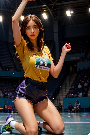 The image depicts a triumphant moment in a badminton match, Paris 2024. The victorious player, wearing a yellow shirt and black shorts, knelt on the court and raised his arms in celebration, while another teammate lay on the court and was moved by his mission, wearing similar clothes. The background shows spectators in a stadium, all standing and applauding. The court is marked by a white line, surrounded by purple and green. The two of them held the racket tightly in their hands. Chinese Taipei Olympic flags were waved around. Touching moments.