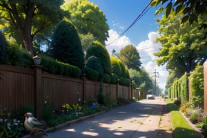 A sunny summer afternoon, a verdant garden in focus, with a wooden fence and lush greenery. A power line stretches across the top of the frame, supporting multiple wire baskets where a chattering sparrow perches, its tiny feet gripping the wires as it takes flight, sunlight casting a warm glow on its feathers.