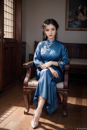 A woman wearing Qing Dynasty court dress sits on a wooden chair, indoors

(RAW photo, best quality), (realistic, photo-Realistic:1.3), best quality, masterpiece, beautiful and aesthetic, 16K, (HDR:1.4), high contrast, (vibrant color:1.4), (muted colors, dim colors, soothing tones:0), 
cinematic lighting, ambient lighting, sidelighting, Exquisite details and textures, cinematic shot, Warm tone, full body(Bright and intense:1.2), (masterpiece, top quality, best quality, official art, beautiful and aesthetic:1.2), 
hdr, high contrast, wideshot(highly detailed skin: 1.2),
sun exposure,outdoor,tranquility,                                                               
Normal feets
No missing limbs,no Excessive text and watermark,民國