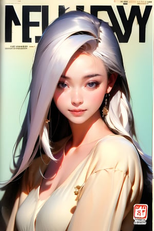 1girl, solo, upper body, white hair, lips, traditional media, reality, pop idol magazine, title font "New Lora Is Coming", attractive cover with beauty characters,jpop cover 80s,金髮女的笑容,棕捲髮美女,戀愛感,海邊泳裝少女,陽光少女,Fusion monster