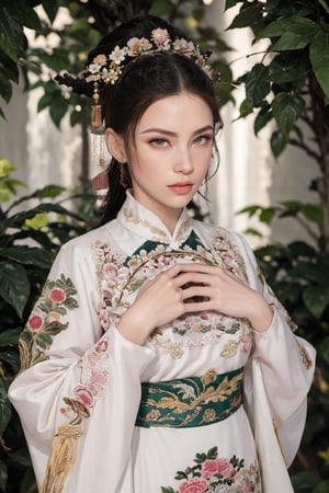 This is a photo showing a woman wearing traditional Chinese clothing, reflecting a historical or period style. The subject of the photo is the woman, wearing a bright, richly decorated and intricately embroidered dress. On her head is a special black hat decorated with a large pink flower and a golden butterfly. The background is composed of lush green foliage, suggesting a natural outdoor scene. The focus of the composition is the calm and dignified facial expression of the woman as she gently holds the leaf. This image exudes the essence of cultural richness, elegance and history.32k,