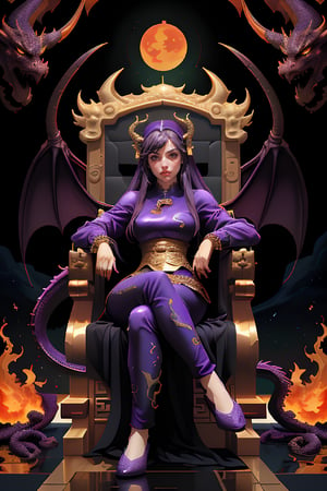 1 girl, long hair, black hair, Qing Dynasty aristocratic female hair accessories are very gorgeous, covered with various gems and gold, sitting on a dragon chair, dragon, dragon tail, scales, behind there is a purple oriental dragon, huge Dragon wings, black dragon horns, sharp claws, grasping this purple luminous night pearl, red sky, black clouds, gorgeous red background, matching gold silk embroidered phoenix Hanfu, black water long sleeves at the cuffs, the moon, the palace is full of flames, Buildings, East Asian Architecture Forbidden City, Eastern Dragon, Empress Dowager Cixi, purple eyes, luminous pearls on the palms filled with purple flames, surrounded by a large number of golden jewels, the whole body is filled with purple evil spirit, nodf_lora
(Long straight purple hair with bangs), (obviously purple eyes)
Use 3D cartoon representation