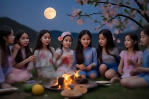 A group of cute children circled around the campfire, with mooncakes and grapefruit beside them. The full moon at night was very bright and beautiful, and the cherry blossoms next to them were raining down flowers.