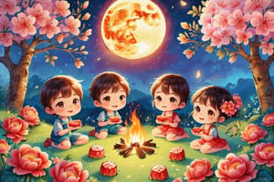 A group of cute children circled around the campfire, with mooncakes and grapefruit beside them. The full moon at night was very bright and beautiful, and the cherry blossoms next to them were raining down flowers.

