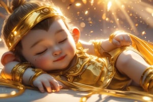 Cute little Sun Wukong, lying down and sleeping comfortably, next to him are a golden headband, a golden hoop and a golden battle armor.