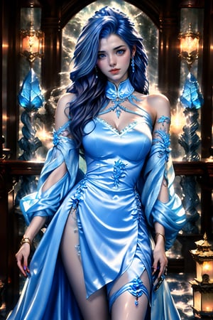 The teenage sorceress in a fantasy style utilizes ice-based magic, her face is remarkably lifelike, resembling a bit of a Japanese or Korean female celebrity, accompanied by a large ice dragon. Her magic staff is a silver ice crystal with a blue gem atop it. She wears a white robe adorned with icy patterns. Her hair is a light shade of blue, and her eyes are deep blue. Her expression remains calm as she has just discovered a mysterious cave.Masterpiece, High Quality, High Detail, Top Quality, Hi-Res, HD, 16k, 8k, 4K, Award-Winning BREAk, Realism, Depth of Field, Cinematic Lighting, Backlight, Symmetry, Bokeh, f/1.8, Eye Level Shot, 35mm, Very Delicate and Beautiful, Very Detailed, Amazing, Fine Detail, Masterpiece, Best Quality, Official Art, Absurd, Incredibly ridiculous, Ultra detailed, High Definition, Very detailed, Beautiful cute girl, (Cowboy Shot: 1.25), Break, Wavy Hair , Very detailed eyes and face, Beautiful detailed eyes, Face light, 18 years old, (golden yellow long straight hairstyle: 1.2), detailed hair, (slender: 1.15), perfect anatomy, perfect proportions, (waterfall background: 1.25), detailed background, (looking at the viewer, facing the viewer: 1.15), ((seductive model pose)), (((dynamic pose))), cinematic lighting, ,Mecha body, conan style dress, Nice legs and hot body, More Detail, blue eyes, red lips, seductive smile,Fashion cheongsam