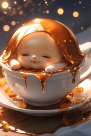 Cute little pudding, very comfortable to lie down and sleep in, cup shape, with melted caramel, semi-liquid flow down