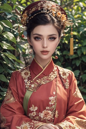 This is a photo showing a woman wearing traditional Chinese clothing, reflecting a historical or period style. The subject of the photo is the woman, wearing a bright, richly decorated and intricately embroidered dress. On her head is a special black hat decorated with a large pink flower and a golden butterfly. The background is composed of lush green foliage, suggesting a natural outdoor scene. The focus of the composition is the calm and dignified facial expression of the woman as she gently holds the leaf. This image exudes the essence of cultural richness, elegance and history.32k,