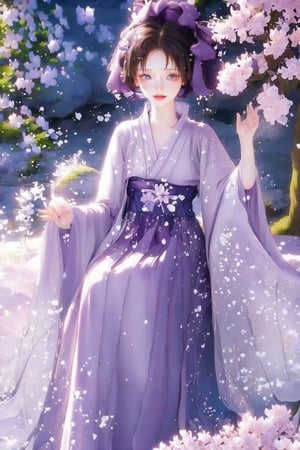 A 16-year-old Japanese beauty,in the sakura flowers.Turn slightly,iris purple dress