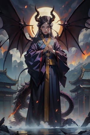 1girl, long hair, black hair, hair accessories, standing, Japanese clothing, multiple boys, wings, horns, red sky, clouds, gorgeous purple Hanfu with gold edges, moon, fire, claws, dragon, dragon tail, scales, Giant, architecture, East Asian architecture Forbidden City, Eastern Dragon, Empress Dowager Cixi, purple eyes, a night pearl on the palm surrounded by a purple flame, many gold jewelry on the body, long jade fake nails,nodf_lora,清朝