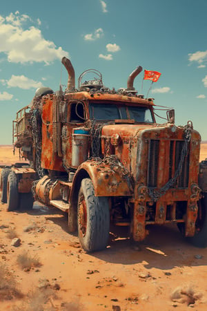 Masterpiece, professional, award-winning, intricate details, ultra high detailed, Create a shirt design with a Rusty Peterbilt truck full of chains and metal spikes in the style of Mad Max, vehicle focus, driving in desert,ek_art_b00ster,anime,illustrated,FluxBoost,myvectorillustrations