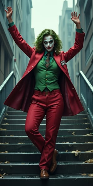 Score_9, rating_explicit, (Masterpiece, Highest Quality: 1.4), (Beautiful, Beautiful, Perfect, Exquisite, Complex: 1.2) Joker (2019 version) Dancing downstairs in the stairwell
solo, green hair, shirt, long sleeves, 1girl, standing, jacket, full body, female focus, outdoors, open clothes, tie, shoes, collared shirt, pants, vest, raised arms, english text, cosplay, mask , imitation, brown shoes, formal, suit, red jacket, clasped hands, stairs, green shirt, green vest, red pants, green tie, photo background, clown, urban clown portrait with rainy Gotham city in the background, The picture should have an atmosphere that changes from sadness to joy