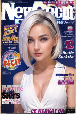 1girl, solo, upper body, white hair, lips, traditional media, reality, pop idol magazine, title font "New Lora Is Coming", attractive cover with beauty characters,jpop cover 80s