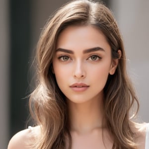 Full realistic photo from far of a stylish young woman with large, captivating eyes, thick eyebrows, a strong jawline, high cheekbones, and a natural complexion. Her hair is in loose waves. slim boned, long limbed, lithe and with very little body fat and little muscle .Highlighting her as a modern, approachable virtual influencer
