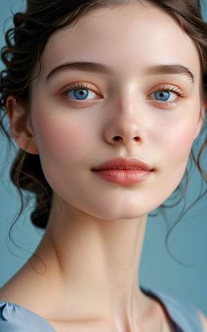 Here's the prompt:

A serene, soft-focus portrait of a girl with porcelain skin and almond-shaped eyes, reminiscent of the deepest ocean, set against a subtle gradient background. Her oval face features high cheekbones, a pert nose, and plump lips curving into an enigmatic smile. Loose, natural waves frame her long neck and sharp jawline as she gazes calmly ahead, exuding confidence and elegance.