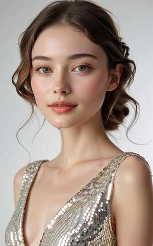 Create a realistic full body photo of a realistic, serene, soft-focus portrait of a girl with porcelain skin and almond-shaped black eyes, set against a subtle gradient background. Her oval face features high cheekbones, a pert nose, and plump lips curving into an enigmatic smile. Loose, natural waves frame her long neck and sharp jawline as she gazes calmly ahead, exuding confidence and elegance.
She weared a shining silver sequined strapped square backless dress.
She is standing in white modeling room. 