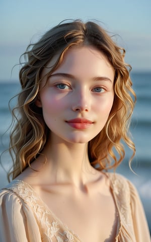 Here's the prompt:

A serene, soft-focus portrait of a girl with porcelain skin and almond-shaped eyes, reminiscent of the deepest ocean, set against a subtle gradient background. Her oval face features high cheekbones, a pert nose, and plump lips curving into an enigmatic smile. Loose, natural waves frame her long neck and sharp jawline as she gazes calmly ahead, exuding confidence and elegance.