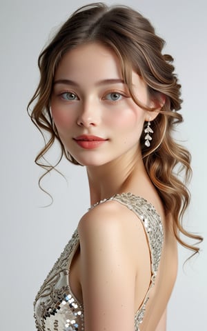 Create a realistic photo of a realistic, serene, soft-focus portrait of a girl with porcelain skin and almond-shaped eyes, set against a subtle gradient background. Her oval face features high cheekbones, a pert nose, and plump lips curving into an enigmatic smile. Loose, natural waves frame her long neck and sharp jawline as she gazes calmly ahead, exuding confidence and elegance.
She weared a shining silver sequined strapped square backless dress.
She is standing in white modeling room. 