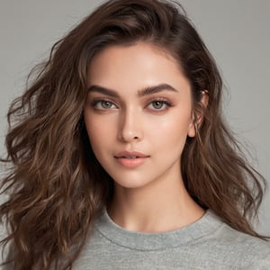 Full realistic photo from far of a stylish young woman with large, captivating eyes, thick eyebrows, a strong jawline, high cheekbones, and a natural complexion. Her hair is in loose waves. slim boned, long limbed, lithe and with very little body fat and little muscle .Highlighting her as a modern, approachable virtual influencer
