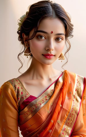 Create a realistic photo of a realistic, serene, soft-focus wide shot photo of a girl with porcelain skin and almond-shaped eyes, set against a subtle gradient background. Her oval face features high cheekbones, a pert nose, and plump lips curving into an enigmatic smile. Loose, natural waves frame her long neck and sharp jawline as she gazes calmly ahead, exuding confidence and elegance.
She is wearing a saree, the fabric soft as whisper, the color rich and vibrant, like the setting sun painting the sky with hues of orange and red. The border is intricate, embroidered with gold thread, shimmering in the light like a thousand stars. The pallu is long, flowing gracefully over my shoulder, the designs mirroring the patterns of the border. It's a saree fit for a queen.