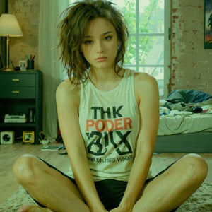 3/4 shot, film still of, an alluring woman with messy hair sitting on the floor of her bedroom looking at the camera, wearing a tank top, masterpiece, UHD