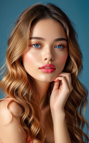 Create a realistic photo of stunning young woman sits in a warm, golden-lit studio against a soft, creamy backdrop, her smooth complexion radiating health and beauty. Her long locks cascade down her back, framing her heart-shaped face and catching the light with subtle highlights. A slender neck stretches elegantly, complemented by a chiseled jawline that adds definition to her features. Her large, expressive eyes, a bright shade of blue, convey a sense of vulnerability and charm, drawing the viewer in. Her plump lips, a natural pink hue, curve into a inviting pout, as she gazes directly at the camera with an air of quiet confidence.