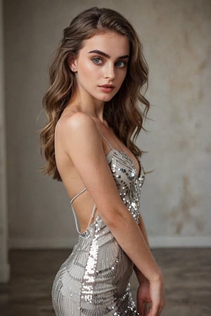 Full realistic photo from far of a stylish young woman with large, captivating eyes, thick eyebrows, a strong jawline, high cheekbones, and a natural complexion. Her hair is in loose waves. slim boned, long limbed, lithe and with very little body fat and little muscle .Highlighting her as a modern, approachable virtual influencer 
 1girl, solo, brown hair, dress, brown eyes, jewelry, shining silver sequined strapped square backless dress, leaned on floor, modeling 
