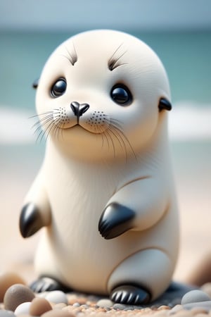 zhibi, chibi, seal, small seal, chibi seal, cute, on the beach, masterpiece