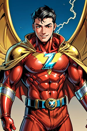 1boy, shazam from DC Comics, red suit, golden lightning symbol on chest, golden belt, golden gloves, white cape, black hair, highly detailed, high quality, masterpiece, medium short shot, beautiful, boy, alone, sensual pose, happy face, detailed background, sky , muscular
