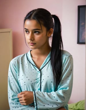 amature mobile Photography of 16 year old indian Woman, Indian Featured, in a her room , wearing a pijama, seductive look ,  black hair pony tail ,  (freckles:0.2) . f8.0, sharpend ,noise, jpeg artefacts, poor lighting, low light, underexposed, high contrast,babe , thick , 