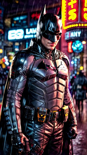 solo batman, looking at viewer, gloves, 1boy, standing, full body, male focus, outdoors, belt, cape, torn clothes, bodysuit, mask, muscular, night, muscular male, building, clenched hands, walking, rain, city, black cape, superhero, torn cape,man with batman costume mask and cape,Neon Light