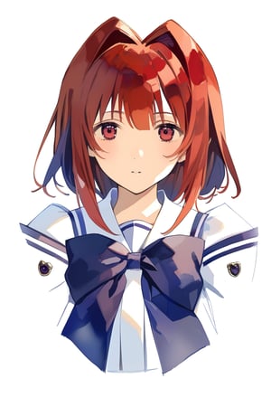 high-definition,masterpiece,best quality,1girl,looking at viewer,Highly detailed, High Quality,kagami_sumika, Hakuryou uniform, long hair, bow, red hair, ponytail, antenna hair, hair intakes, red eyes, purple bow, yellow bow, bowtie,watercolor \(medium\)