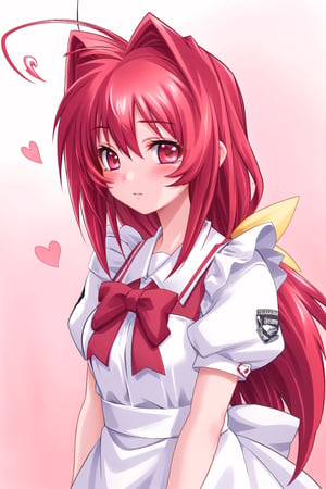 Kagami Sumika,1girl ,solo, blush, ahoge, heart, blush_sticker, red eyes, red_hair,detailed,high resolution,masterpiece, best quality, Maid_Dress, detailed_face, looking_at_viewer