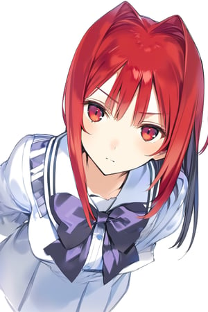 high-definition,masterpiece,best quality,1girl,looking at viewer,Highly detailed, High Quality,kagami_sumika, Hakuryou uniform, long hair, bow, red hair, ponytail, antenna hair, hair intakes, red eyes, purple bow, yellow bow, bowtie,aesthetic