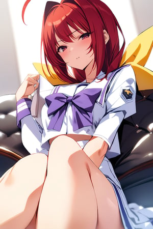 high-definition,masterpiece,best quality,1girl,looking at viewer,Highly detailed, High Quality,kagami_sumika,kagami_sumika, Hakuryou uniform, long hair, bow, red hair, ponytail, antenna hair, hair intakes, red eyes, purple bow, yellow bow, bowtie, ahoge