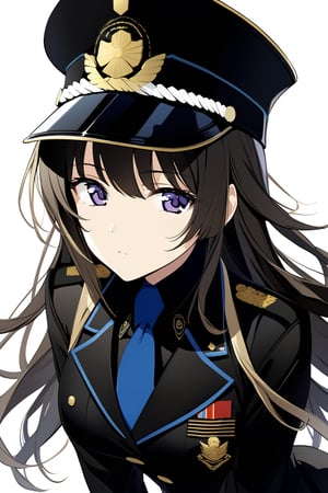 high-definition,masterpiece,best quality,1girl,looking at viewer,Highly detailed, High Quality,YuiTakamura,military uniform, black shirt, blue necktie, military pencil skirt,military_hat